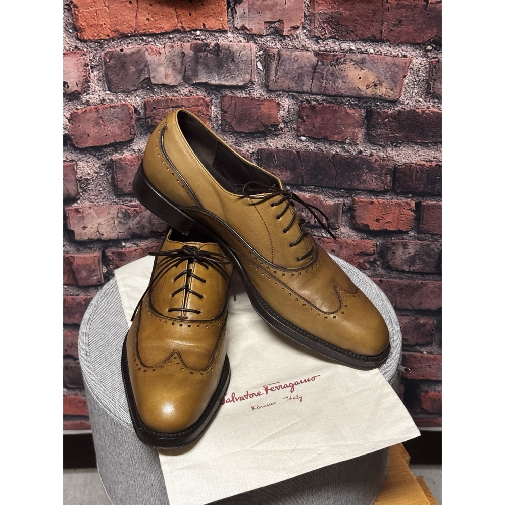 Salvatore Ferragamo Tan Cap Toe Wingtip Oxford Dress Shoes Men's 8.5 D Italy